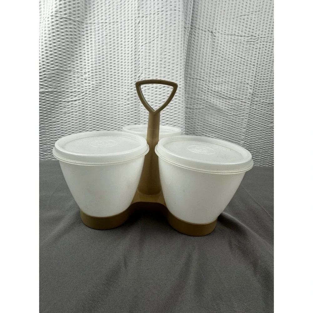 Vintage‎ Tupperware Serve 'n Store 3-pc Condiment Caddy Carrier Almond #757-4